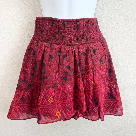 Free People Riviera Mini Skirt Women's S Red Boho Pop Combo Smocked Waist Ruffle - Picture 2 of 6